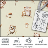 Cute Woodland Owls with Mushrooms Leaves Soft Beige Background Seamless Pattern Digital Print Fabric by the Metre UK Sewing Quilting Textile