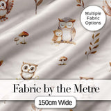Cute Woodland Owls with Mushrooms Leaves Soft Cream Background Seamless Pattern Digital Print Fabric by the Metre UK Sewing Quilting Textile