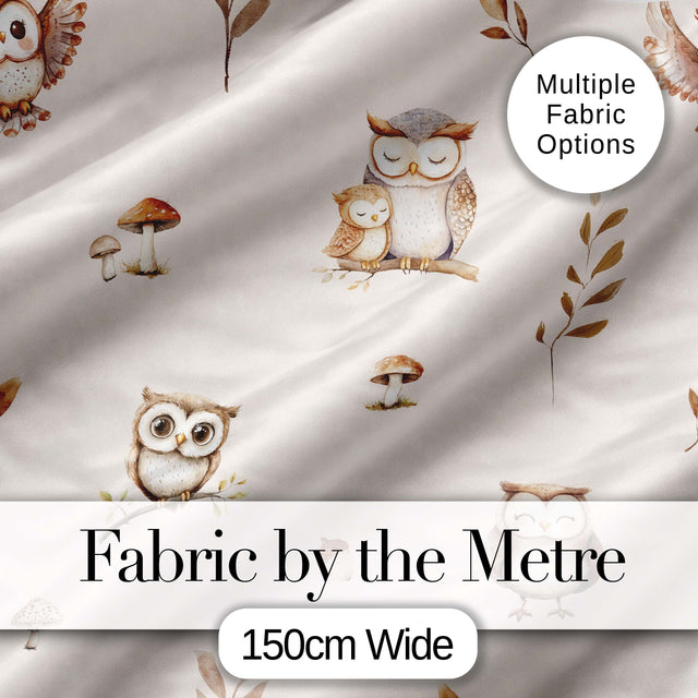 Cute Woodland Owls with Mushrooms Leaves Soft Cream Background Seamless Pattern Digital Print Fabric by the Metre UK Sewing Quilting Textile