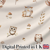 Cute Woodland Owls with Mushrooms Leaves Soft Cream Background Seamless Pattern Digital Print Fabric by the Metre UK Sewing Quilting Textile