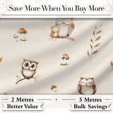 Cute Woodland Owls with Mushrooms Leaves Soft Cream Background Seamless Pattern Digital Print Fabric by the Metre UK Sewing Quilting Textile