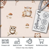 Cute Woodland Owls with Mushrooms Leaves Soft Cream Background Seamless Pattern Digital Print Fabric by the Metre UK Sewing Quilting Textile