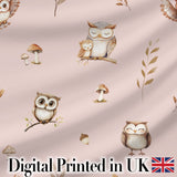 Cute Woodland Owls with Mushrooms Leaves Soft Pink Background Seamless Pattern Digital Print Fabric by the Metre UK Sewing Quilting Textile