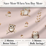 Cute Woodland Owls with Mushrooms Leaves Soft Pink Background Seamless Pattern Digital Print Fabric by the Metre UK Sewing Quilting Textile