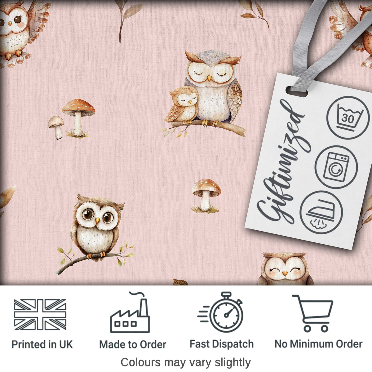 Cute Woodland Owls with Mushrooms Leaves Soft Pink Background Seamless Pattern Digital Print Fabric by the Metre UK Sewing Quilting Textile
