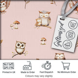 Cute Woodland Owls with Mushrooms Leaves Soft Pink Background Seamless Pattern Digital Print Fabric by the Metre UK Sewing Quilting Textile