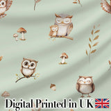 Woodland Owls with Mushrooms Leaves Soft Sage Green  Seamless Pattern Digital Print Fabric by the Metre UK Sewing Quilting Textile