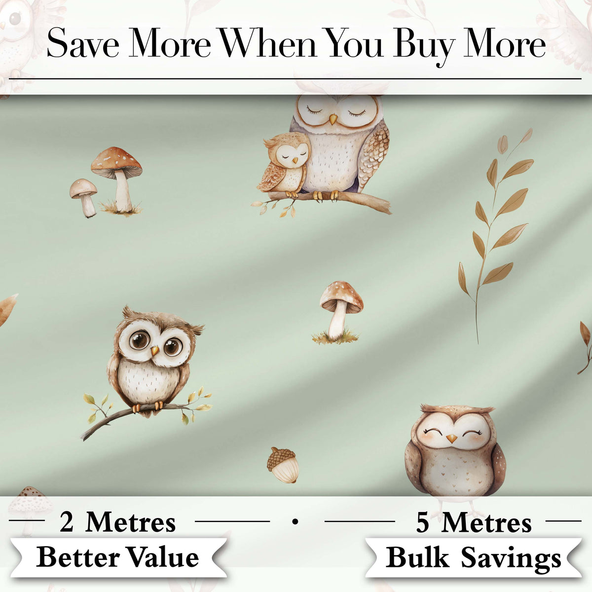 Woodland Owls with Mushrooms Leaves Soft Sage Green  Seamless Pattern Digital Print Fabric by the Metre UK Sewing Quilting Textile