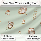 Woodland Owls with Mushrooms Leaves Soft Sage Green  Seamless Pattern Digital Print Fabric by the Metre UK Sewing Quilting Textile
