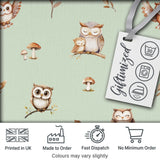 Woodland Owls with Mushrooms Leaves Soft Sage Green  Seamless Pattern Digital Print Fabric by the Metre UK Sewing Quilting Textile