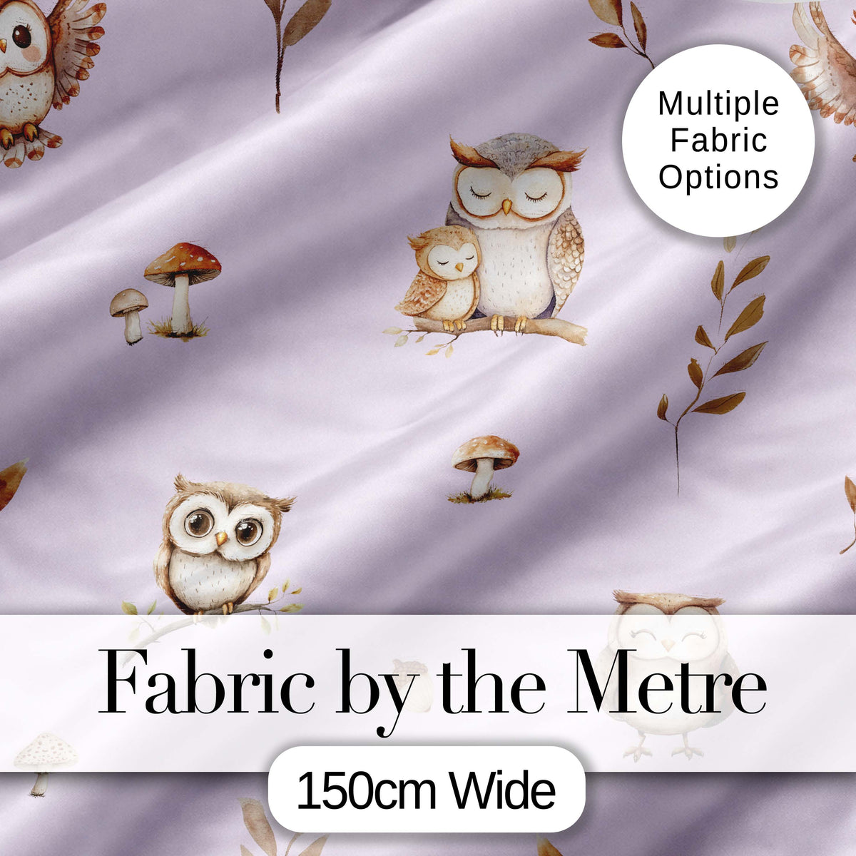 Woodland Owls with Mushrooms Leaves Soft Lavender  Seamless Pattern Digital Print Fabric by the Metre UK Sewing Quilting Textile