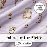 Woodland Owls with Mushrooms Leaves Soft Lavender  Seamless Pattern Digital Print Fabric by the Metre UK Sewing Quilting Textile