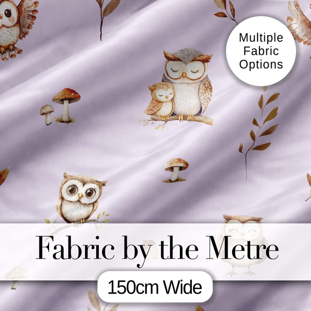 Woodland Owls with Mushrooms Leaves Soft Lavender  Seamless Pattern Digital Print Fabric by the Metre UK Sewing Quilting Textile