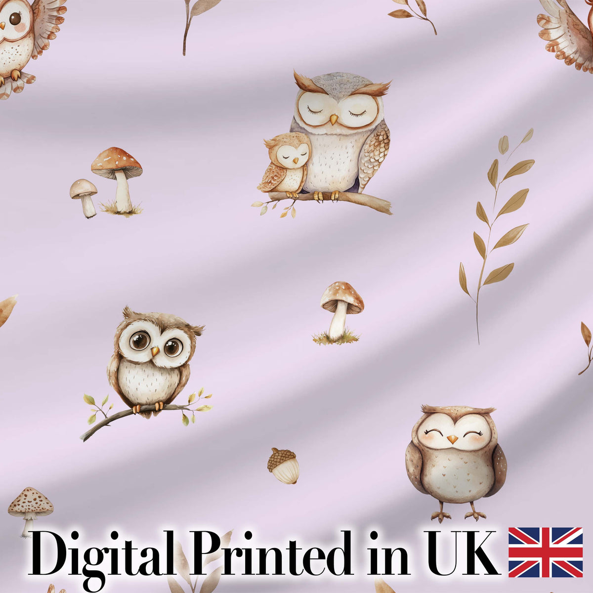 Woodland Owls with Mushrooms Leaves Soft Lavender  Seamless Pattern Digital Print Fabric by the Metre UK Sewing Quilting Textile