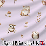 Woodland Owls with Mushrooms Leaves Soft Lavender  Seamless Pattern Digital Print Fabric by the Metre UK Sewing Quilting Textile