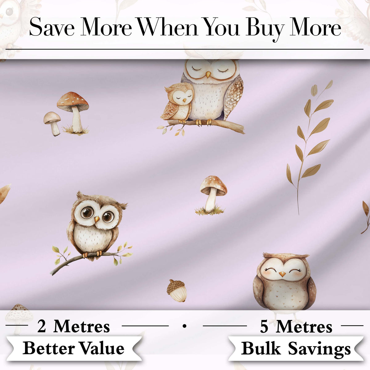 Woodland Owls with Mushrooms Leaves Soft Lavender  Seamless Pattern Digital Print Fabric by the Metre UK Sewing Quilting Textile