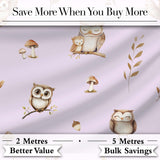 Woodland Owls with Mushrooms Leaves Soft Lavender  Seamless Pattern Digital Print Fabric by the Metre UK Sewing Quilting Textile