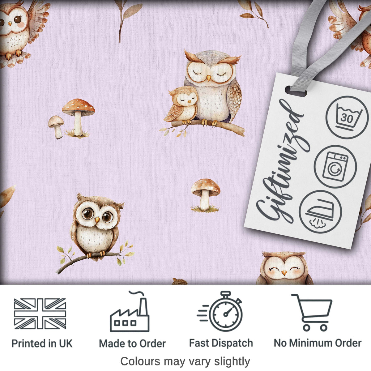 Woodland Owls with Mushrooms Leaves Soft Lavender  Seamless Pattern Digital Print Fabric by the Metre UK Sewing Quilting Textile