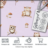 Woodland Owls with Mushrooms Leaves Soft Lavender  Seamless Pattern Digital Print Fabric by the Metre UK Sewing Quilting Textile