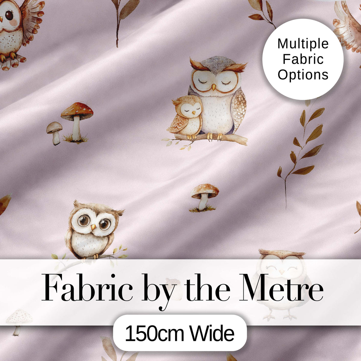Cute Woodland Owls with Mushrooms Leaves Soft Blush Background Seamless Pattern Digital Print Fabric by the Metre UK Sewing Quilting Textile