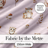 Cute Woodland Owls with Mushrooms Leaves Soft Blush Background Seamless Pattern Digital Print Fabric by the Metre UK Sewing Quilting Textile