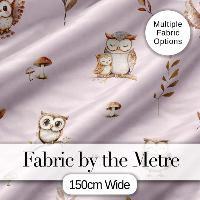 Cute Woodland Owls with Mushrooms Leaves Soft Blush Background Seamless Pattern Digital Print Fabric by the Metre UK Sewing Quilting Textile