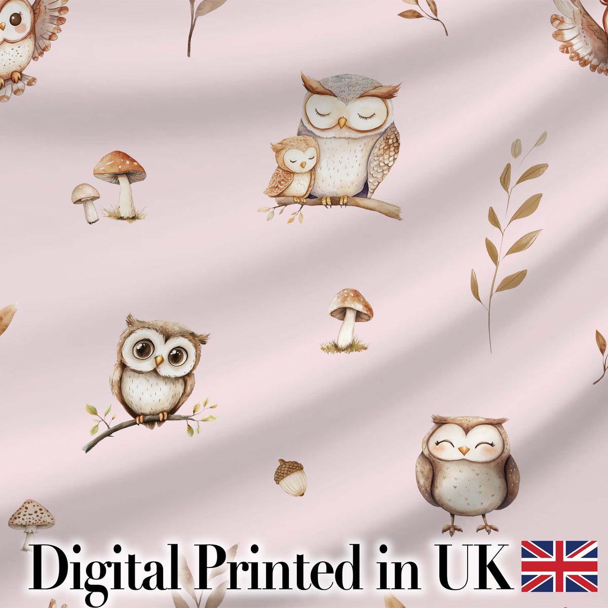 Cute Woodland Owls with Mushrooms Leaves Soft Blush Background Seamless Pattern Digital Print Fabric by the Metre UK Sewing Quilting Textile