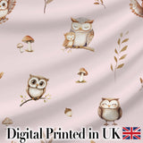 Cute Woodland Owls with Mushrooms Leaves Soft Blush Background Seamless Pattern Digital Print Fabric by the Metre UK Sewing Quilting Textile