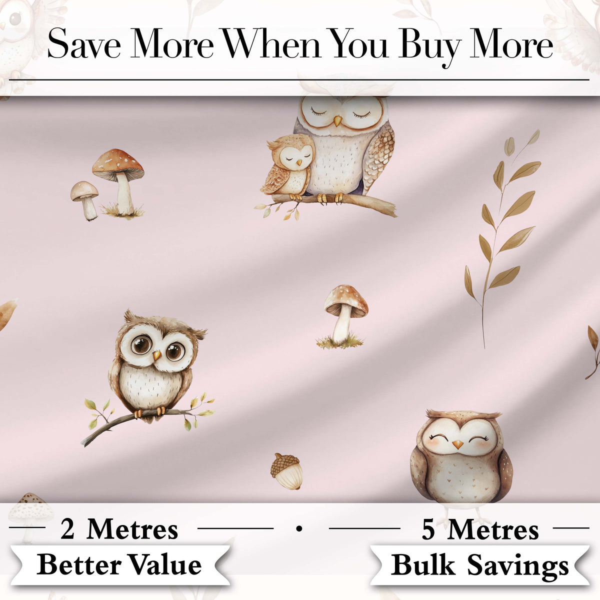 Cute Woodland Owls with Mushrooms Leaves Soft Blush Background Seamless Pattern Digital Print Fabric by the Metre UK Sewing Quilting Textile
