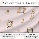 Cute Woodland Owls with Mushrooms Leaves Soft Blush Background Seamless Pattern Digital Print Fabric by the Metre UK Sewing Quilting Textile