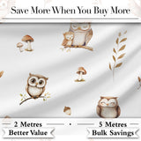 Cute Woodland Owls with Mushrooms Leaves Light Grey Background Seamless Pattern Digital Print Fabric by the Metre UK Sewing Quilting Textile