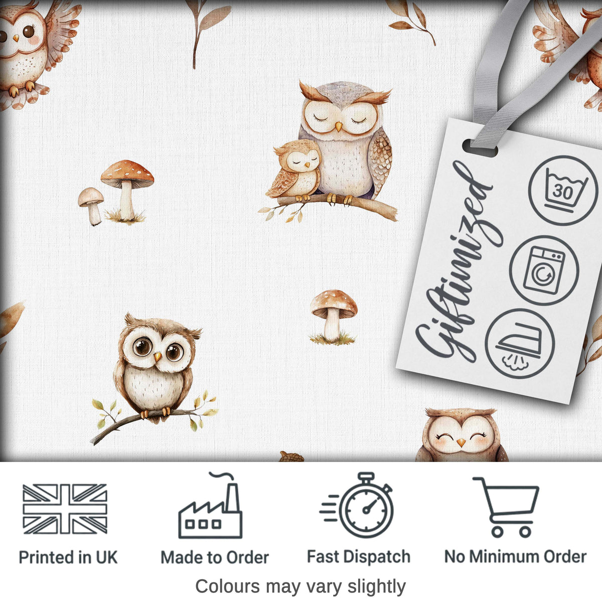 Cute Woodland Owls with Mushrooms Leaves Light Grey Background Seamless Pattern Digital Print Fabric by the Metre UK Sewing Quilting Textile