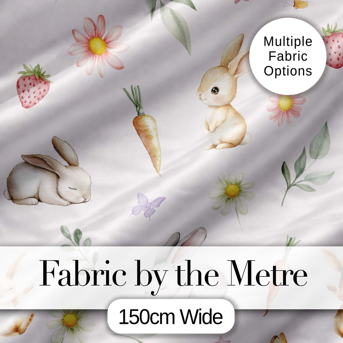 Cute Easter Bunnies with Flowers Carrots Soft Beige Background Seamless Pattern Digital Print Fabric by the Metre UK Sewing Quilting Textile