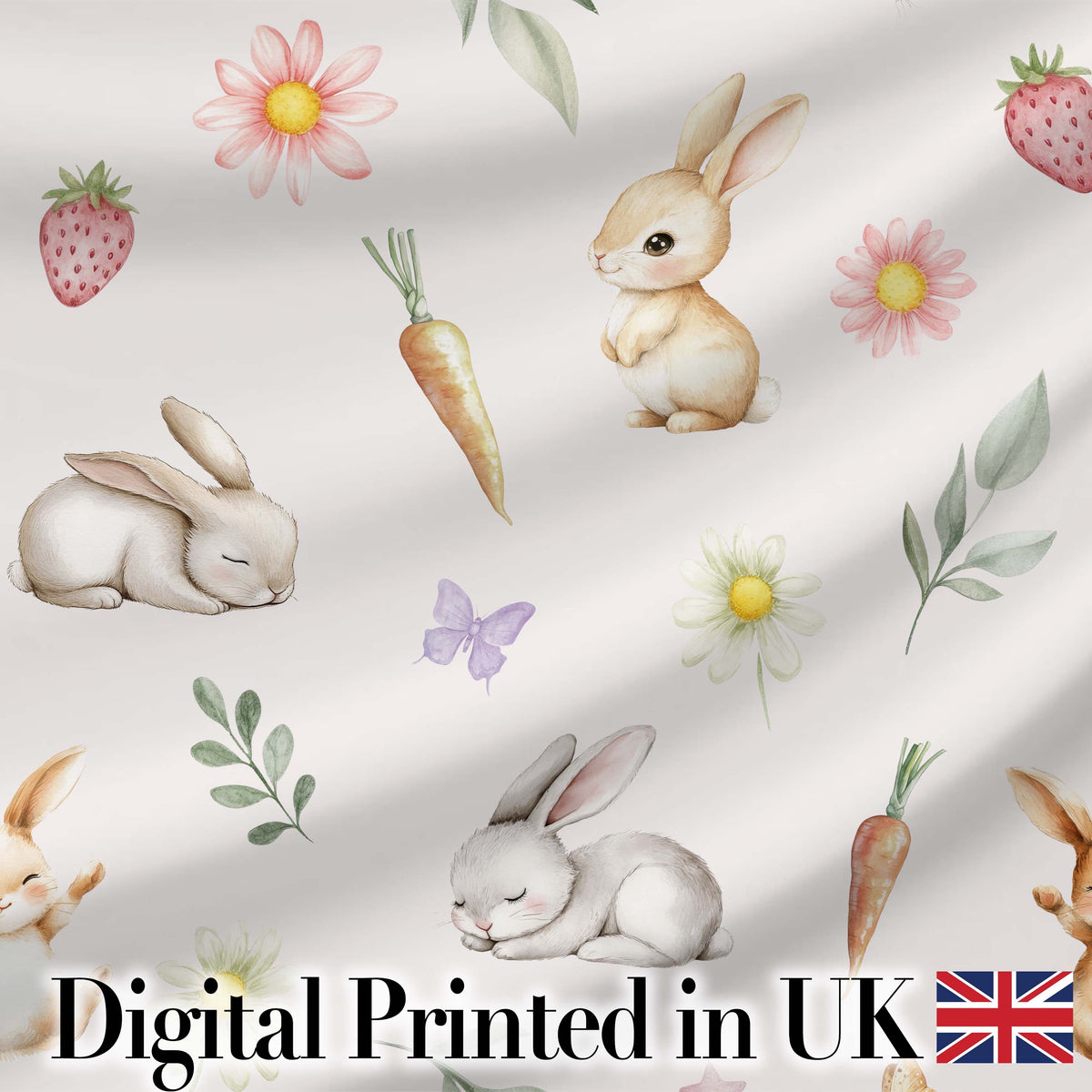Cute Easter Bunnies with Flowers Carrots Soft Beige Background Seamless Pattern Digital Print Fabric by the Metre UK Sewing Quilting Textile