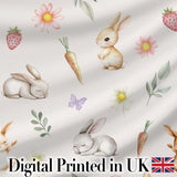 Cute Easter Bunnies with Flowers Carrots Soft Beige Background Seamless Pattern Digital Print Fabric by the Metre UK Sewing Quilting Textile