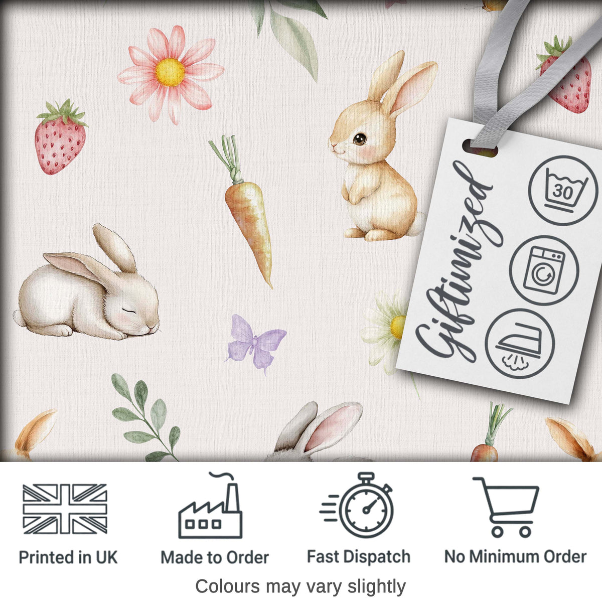 Cute Easter Bunnies with Flowers Carrots Soft Beige Background Seamless Pattern Digital Print Fabric by the Metre UK Sewing Quilting Textile