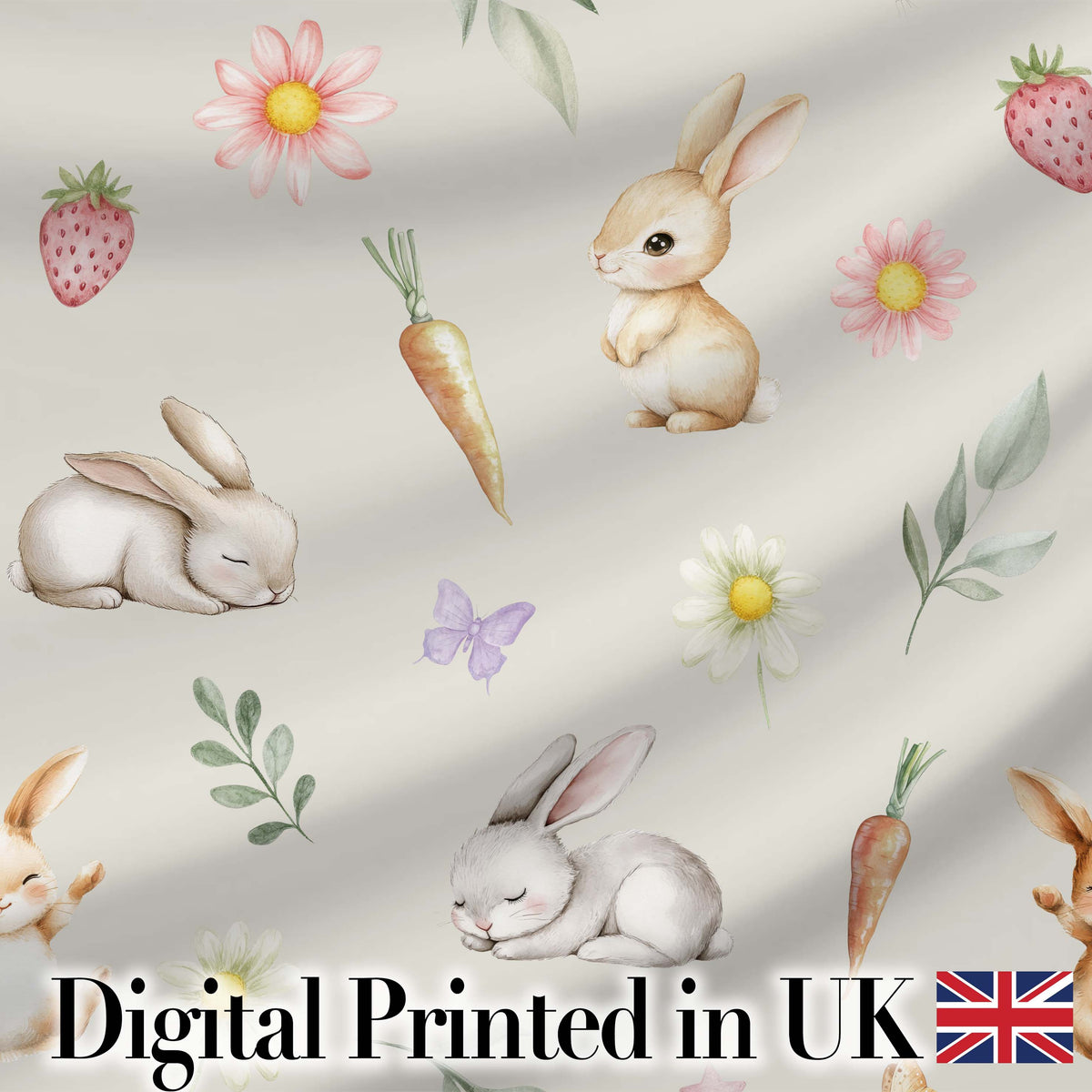 Easter Bunnies with Flowers Carrots Light Neutral  Seamless Pattern Digital Print Fabric by the Metre UK Sewing Quilting Textile