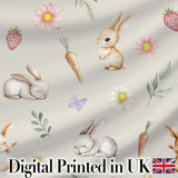 Easter Bunnies with Flowers Carrots Light Neutral  Seamless Pattern Digital Print Fabric by the Metre UK Sewing Quilting Textile