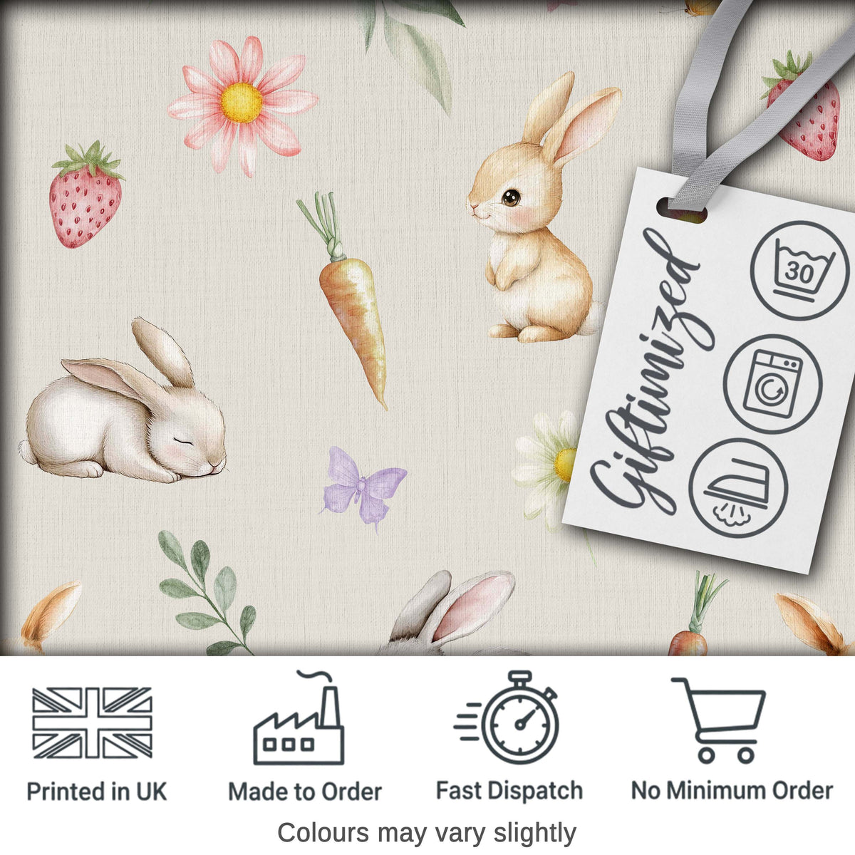 Easter Bunnies with Flowers Carrots Light Neutral  Seamless Pattern Digital Print Fabric by the Metre UK Sewing Quilting Textile