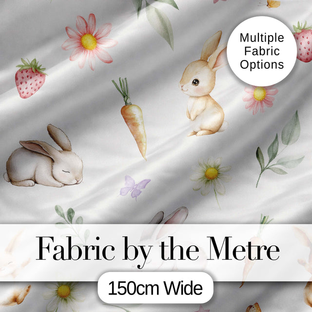 Cute Easter Bunnies with Flowers Carrots Soft Grey Background Seamless Pattern Digital Print Fabric by the Metre UK Sewing Quilting Textile