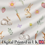 Cute Easter Bunnies with Flowers Carrots Soft Grey Background Seamless Pattern Digital Print Fabric by the Metre UK Sewing Quilting Textile