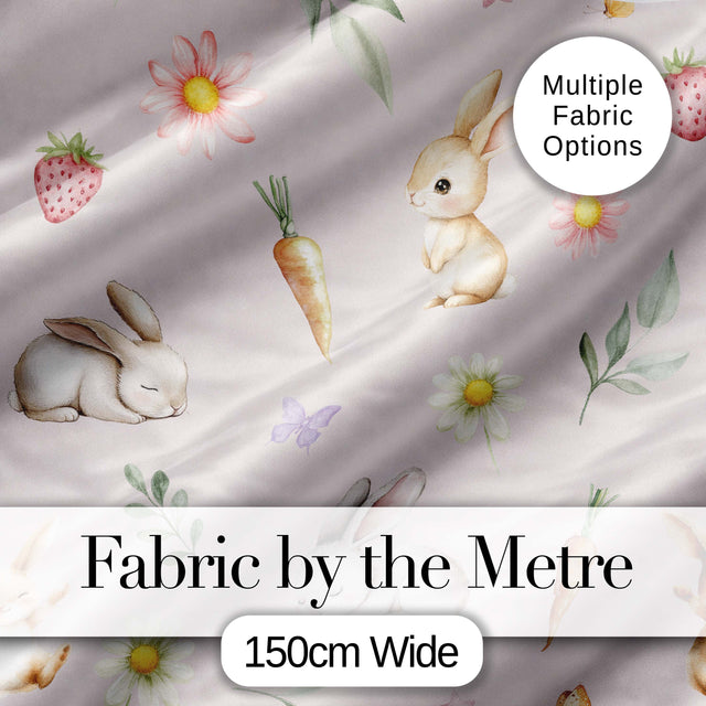 Cute Easter Bunnies with Flowers Carrots Soft Pink Background Seamless Pattern Digital Print Fabric by the Metre UK Sewing Quilting Textile