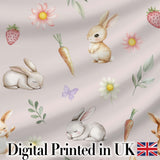 Cute Easter Bunnies with Flowers Carrots Soft Pink Background Seamless Pattern Digital Print Fabric by the Metre UK Sewing Quilting Textile