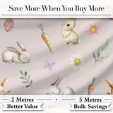 Cute Easter Bunnies with Flowers Carrots Soft Pink Background Seamless Pattern Digital Print Fabric by the Metre UK Sewing Quilting Textile