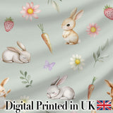 Cute Easter Bunnies with Flowers Carrots Soft Sage Background Seamless Pattern Digital Print Fabric by the Metre UK Sewing Quilting Textile
