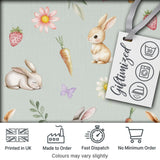 Cute Easter Bunnies with Flowers Carrots Soft Sage Background Seamless Pattern Digital Print Fabric by the Metre UK Sewing Quilting Textile