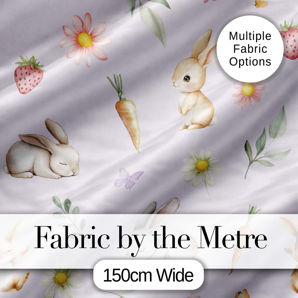 Cute Easter Bunnies with Flowers Carrots Soft Lilac Background Seamless Pattern Digital Print Fabric by the Metre UK Sewing Quilting Textile