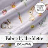 Cute Easter Bunnies with Flowers Carrots Soft Lilac Background Seamless Pattern Digital Print Fabric by the Metre UK Sewing Quilting Textile