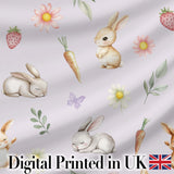 Cute Easter Bunnies with Flowers Carrots Soft Lilac Background Seamless Pattern Digital Print Fabric by the Metre UK Sewing Quilting Textile