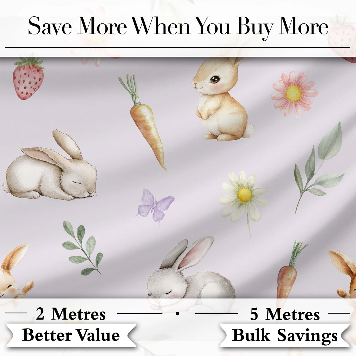 Cute Easter Bunnies with Flowers Carrots Soft Lilac Background Seamless Pattern Digital Print Fabric by the Metre UK Sewing Quilting Textile